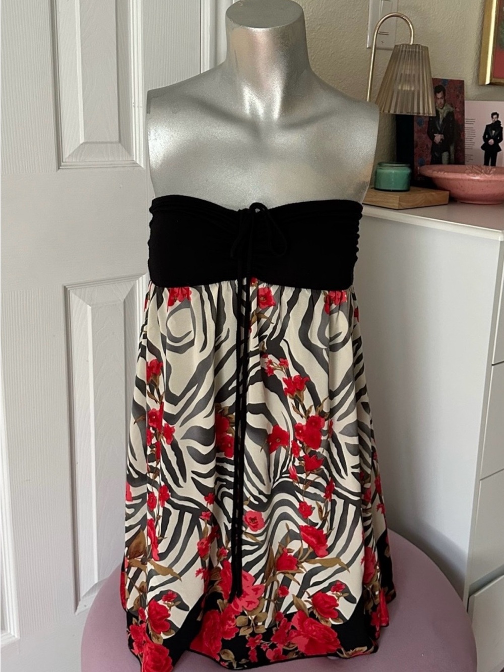 Y2K Moa Moa Zebra Print & Red Floral Pattern Halter Top - Picture 3 of 8